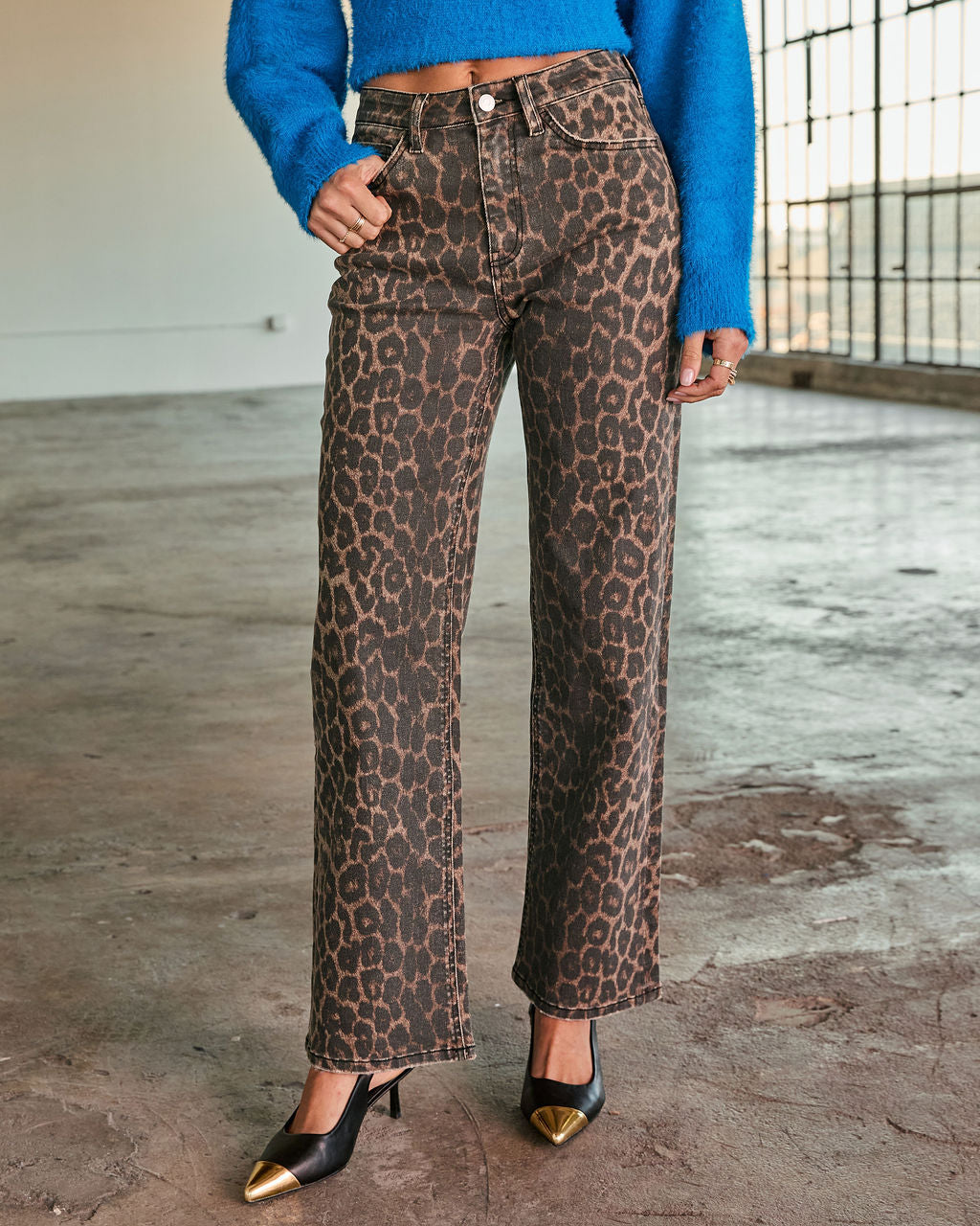 Yaron Stretch Leopard Print Wide Leg Jeans - Image 3