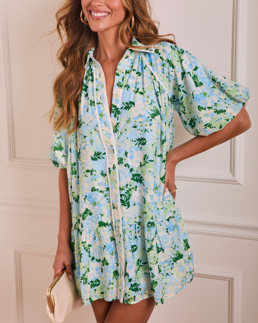 Dew Petal Printed Pleated Mini Shirt Dress - Image 5
