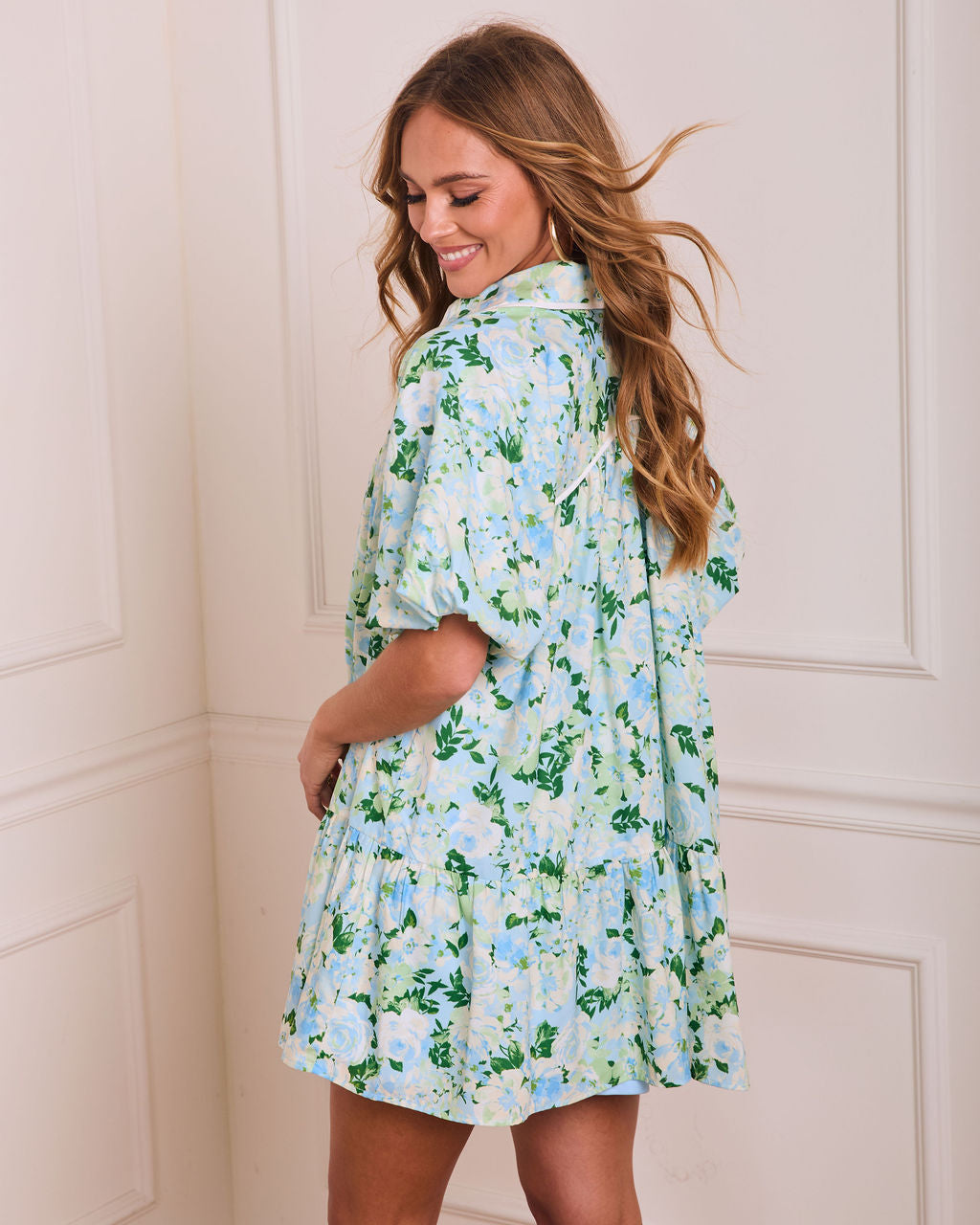 Dew Petal Printed Pleated Mini Shirt Dress - Image 4