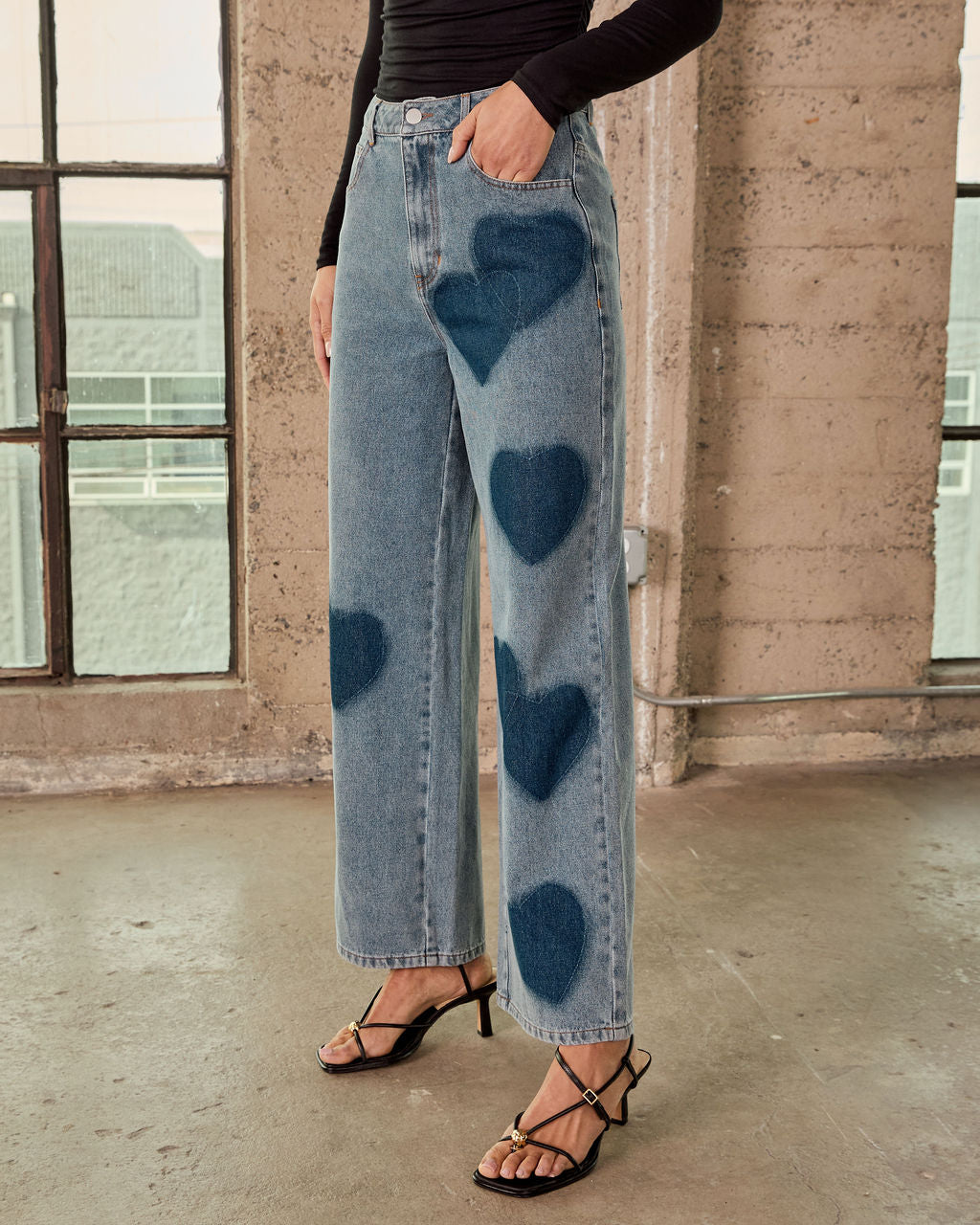 Just Lovers Heart Print Rigid Straight Leg Jeans - Image 3