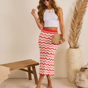Warm Sand Wavy Knit Midi Skirt