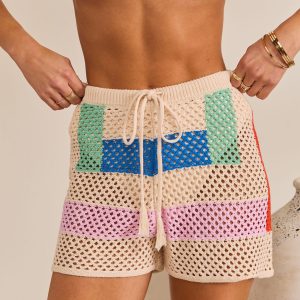Cannes Coast Striped Crochet Cover Up Shorts
