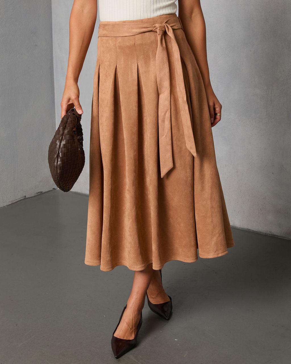 Table Ready Suede Waist Tie Pleated Midi Skirt - Image 2