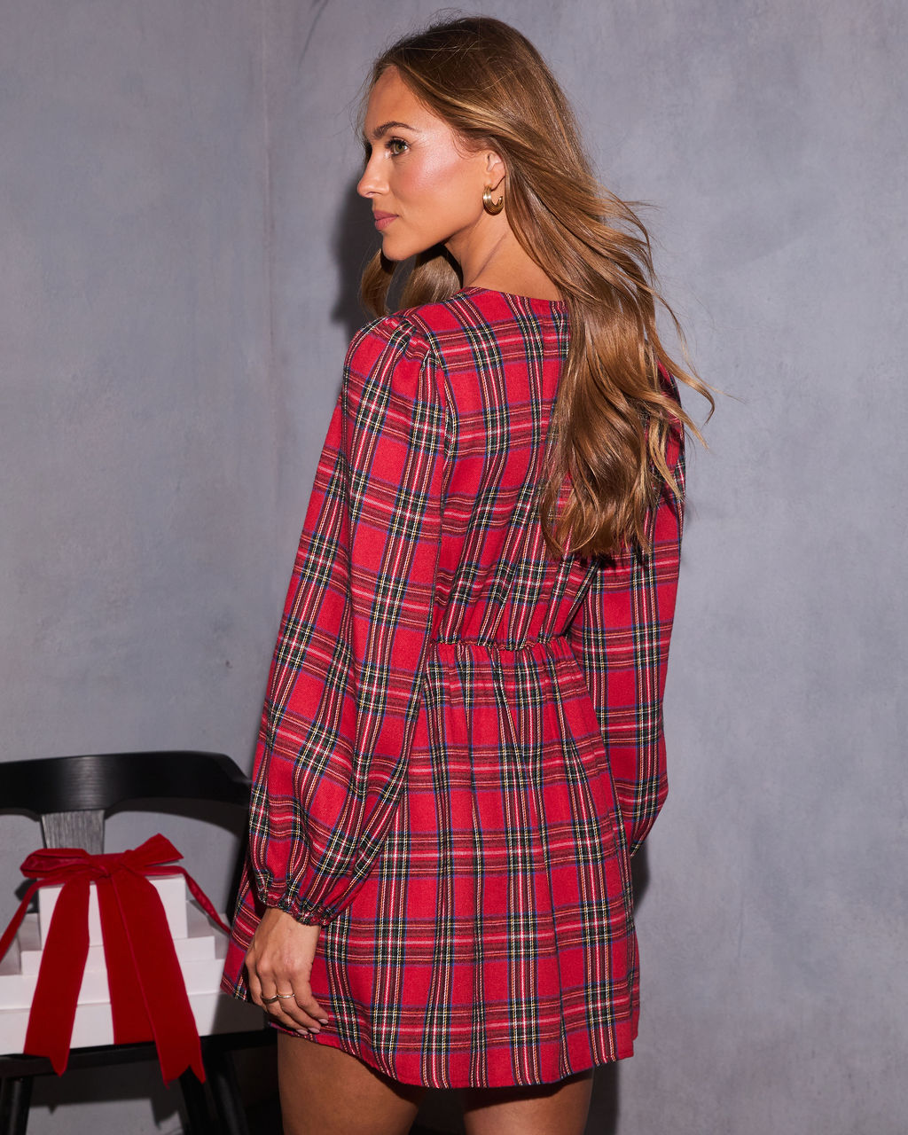 Alede Velvet Bow Plaid Mini Dress - Image 4