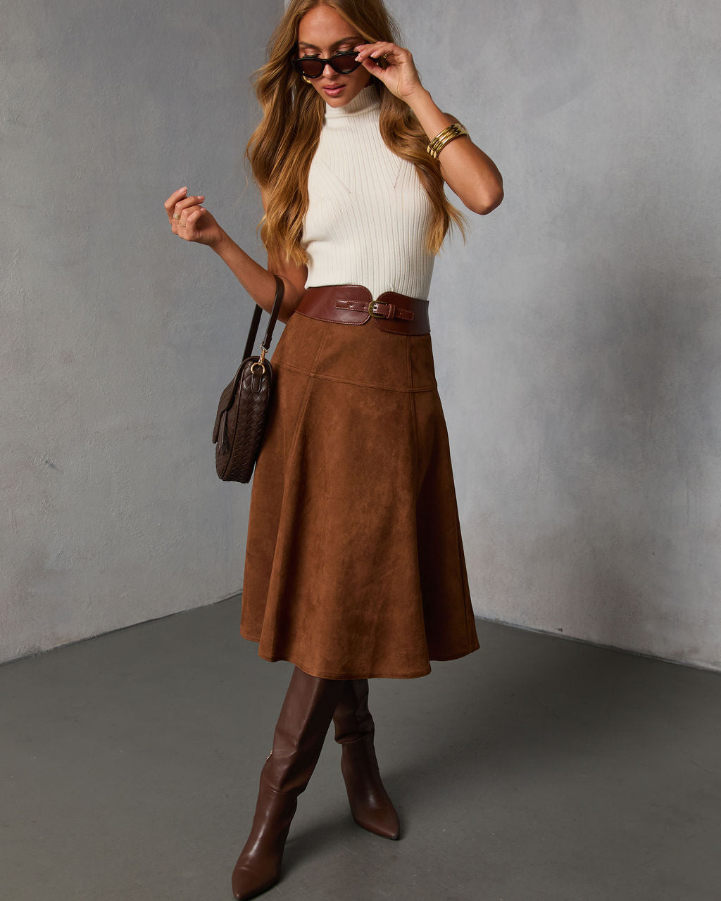 Burnt Maple Belted Suede Midi Skirt - Image 5