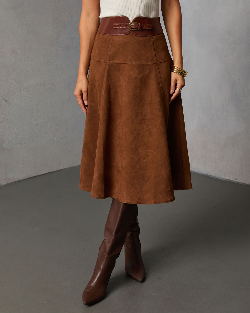 Burnt Maple Belted Suede Midi Skirt - Image 2