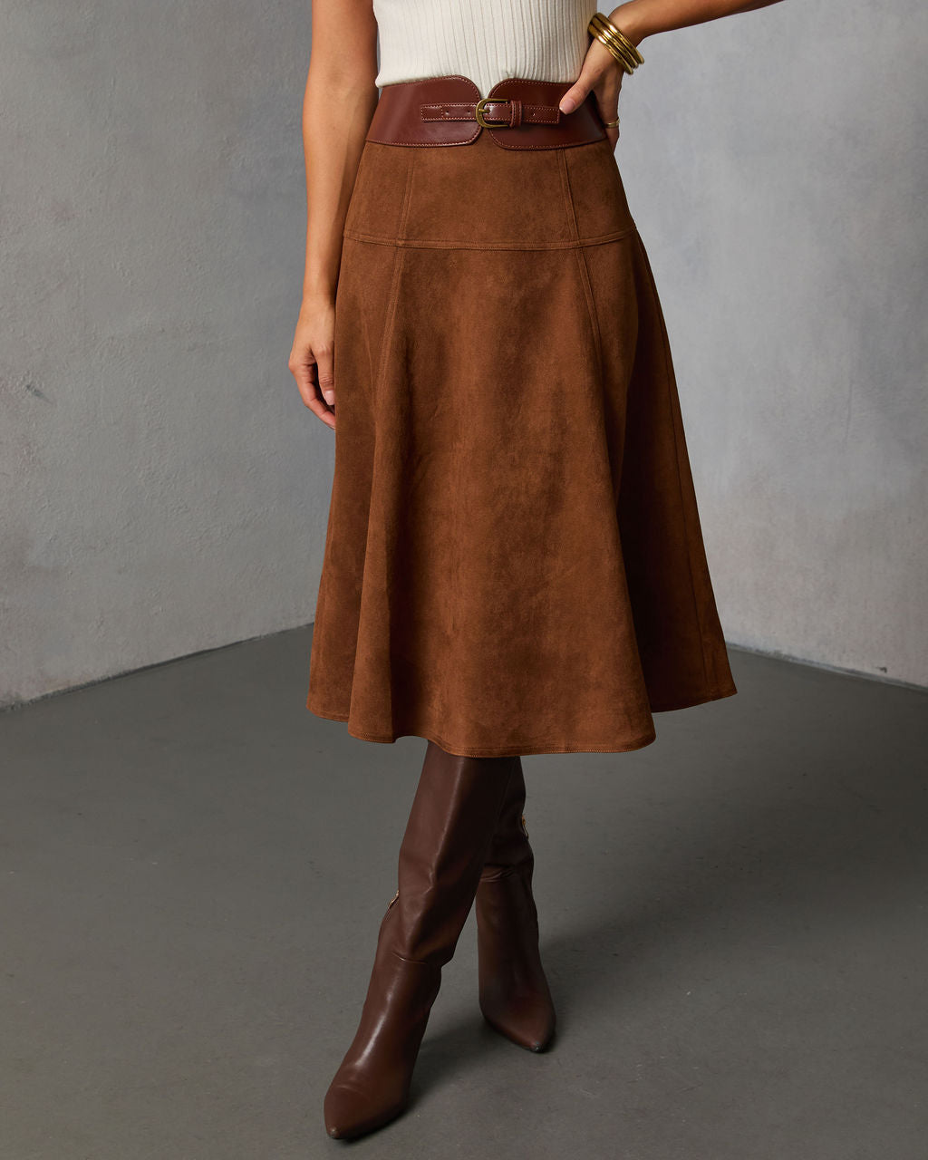 Burnt Maple Belted Suede Midi Skirt - Image 3