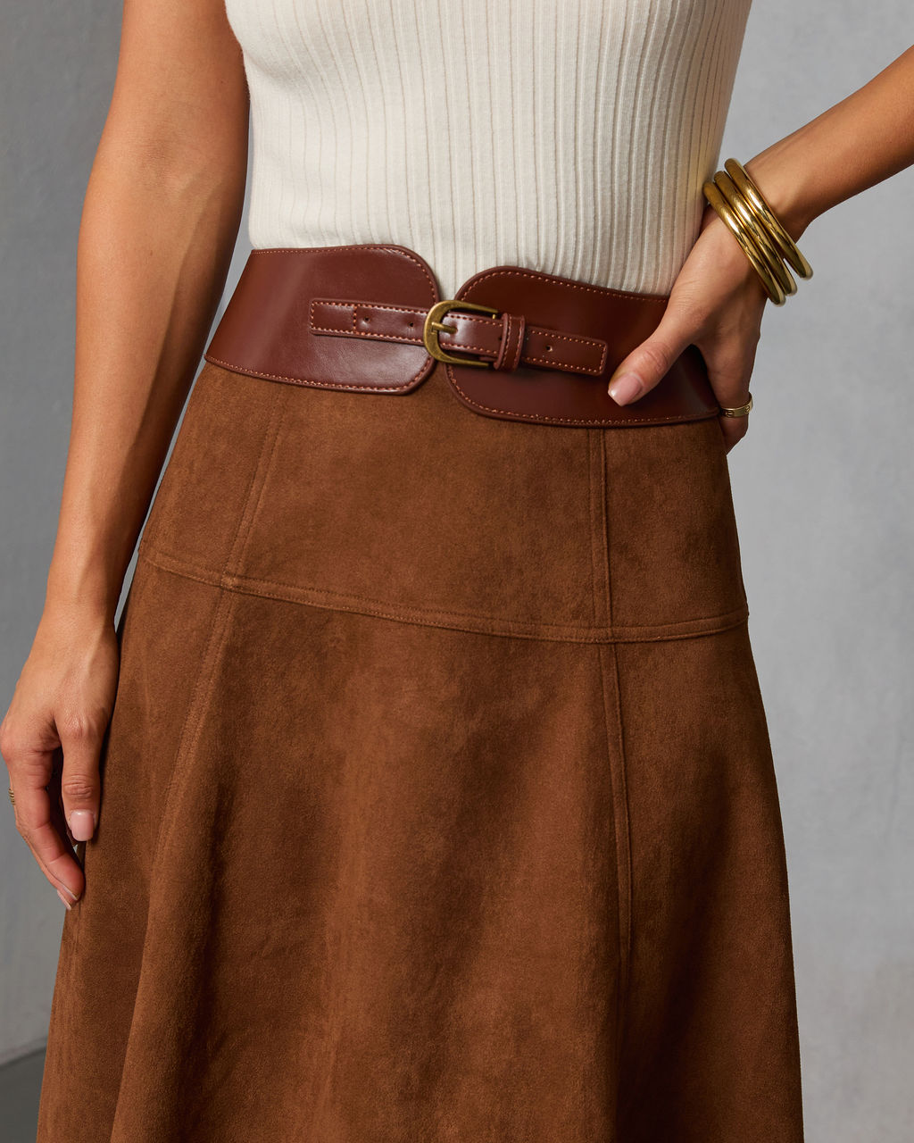 Burnt Maple Belted Suede Midi Skirt - Image 6