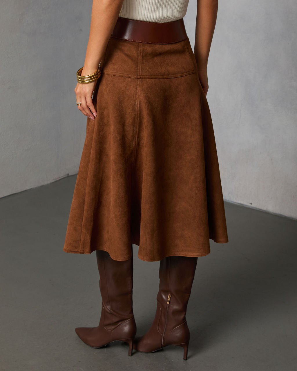Burnt Maple Belted Suede Midi Skirt - Image 4