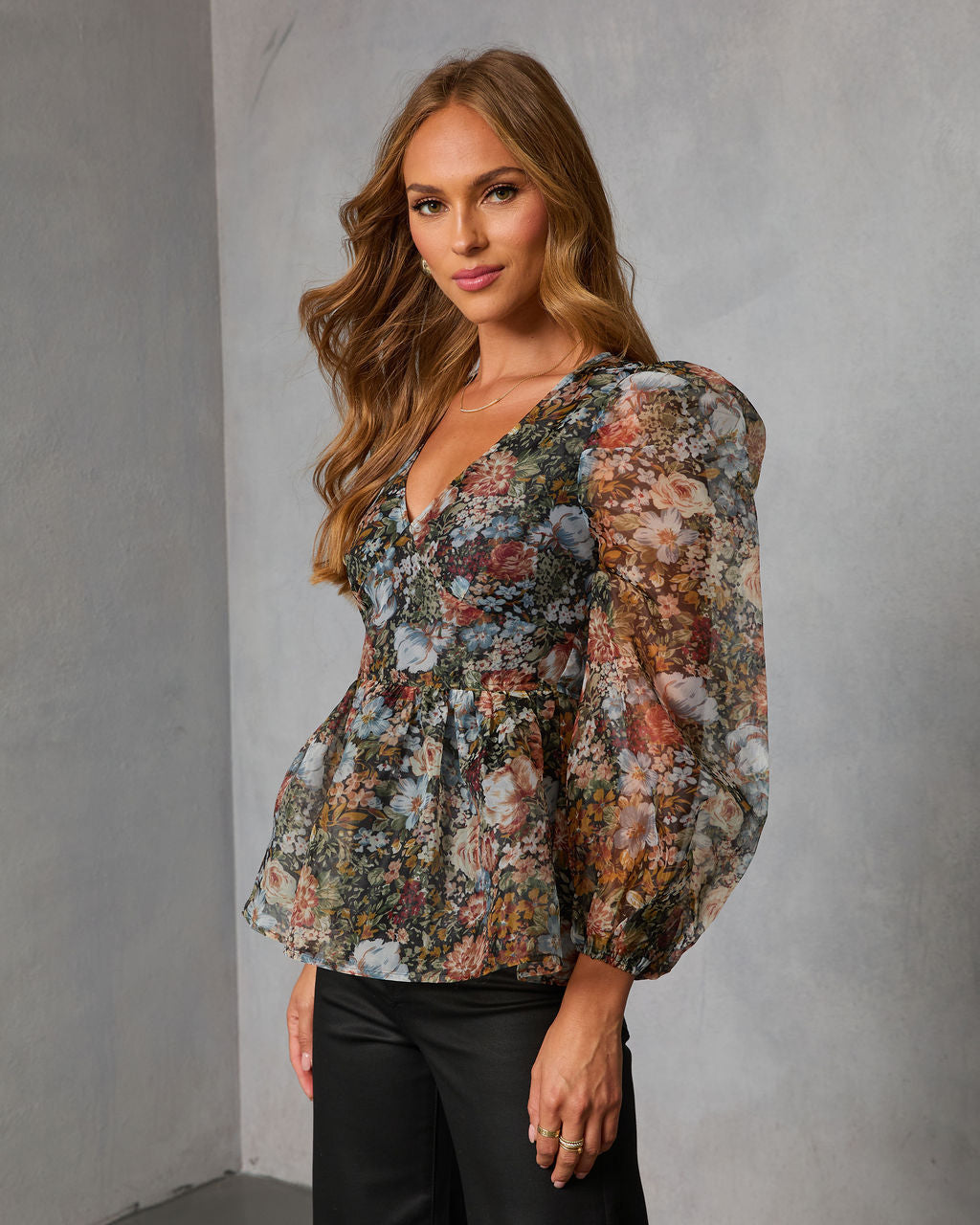 Mulled Rose Organza Printed Peplum Blouse - Image 3