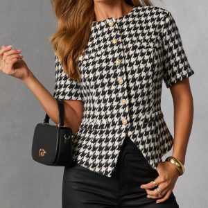 Seeley Short Sleeve Collarless Houndstooth Blazer