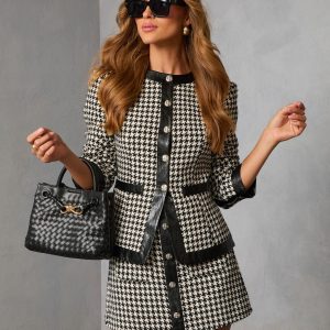 Holiday Elm Contrast Vegan Leather Trim Houndstooth Blazer