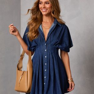 Core Refresh Pleated Chambray Mini Shirt Dress