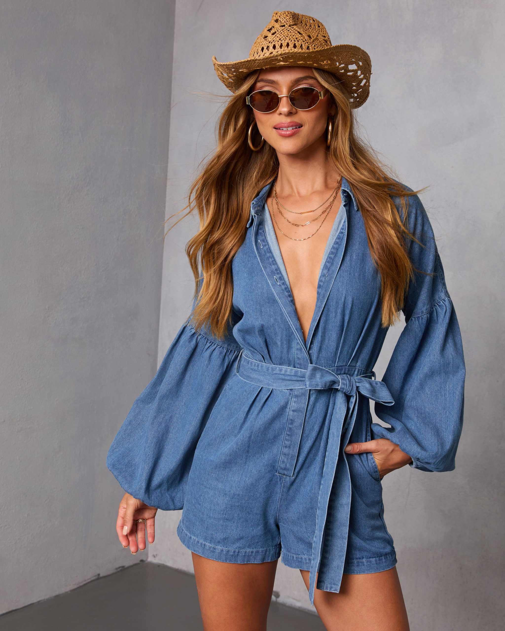 Apple Picking Denim Balloon Sleeve Romper - Image 5