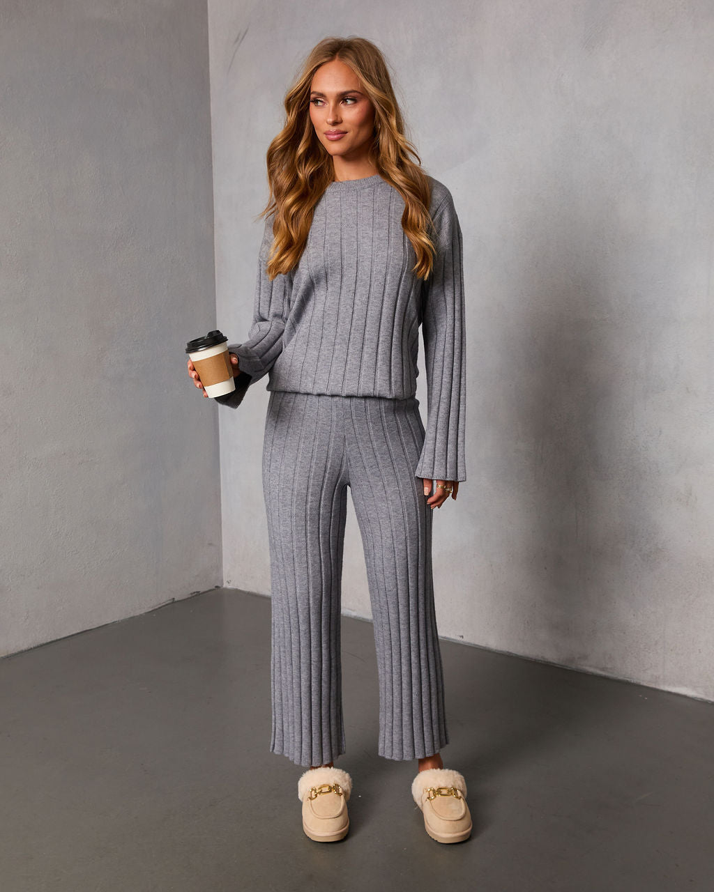 Homebody Hour Ribbed Knit Flare Leg Pants - Image 11