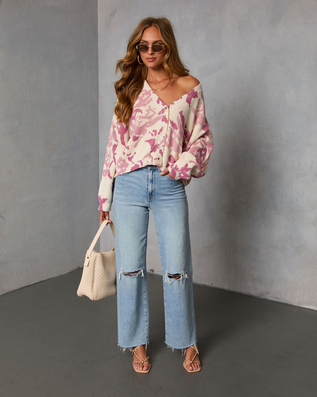 Honeyed Timber Knit Printed Cardigan - Image 2