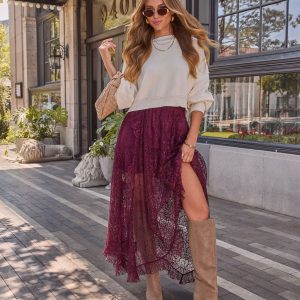 Mulled Wine Lace Midi Skirt