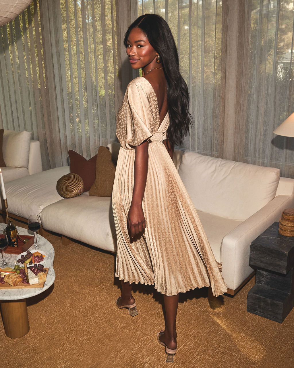 Golden Gatherings Pleated Satin Maxi Dress - Image 4