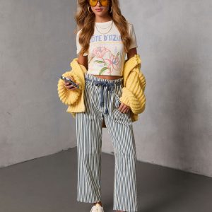 Duah Rigid Straight Leg Pinstripe Waist Tie Jeans