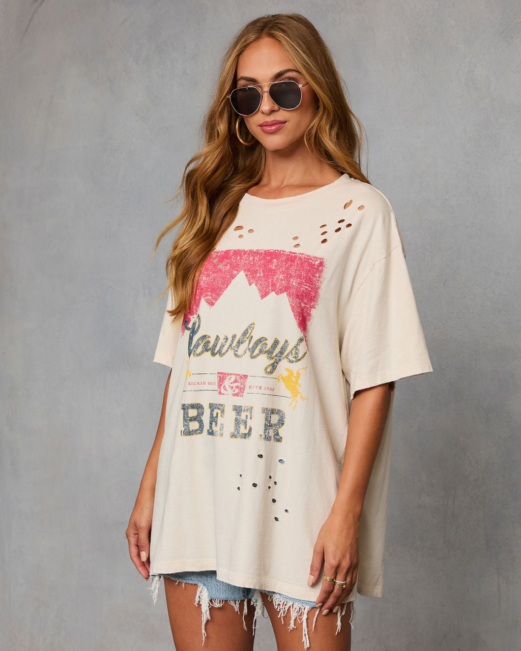 Cowboys and Beer Distressed Oversized Graphic Tee - Image 3