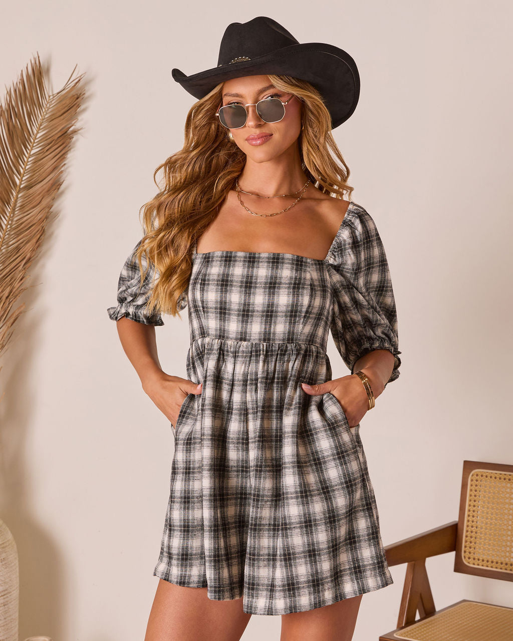 Lannie Puff Sleeve Plaid Romper - Image 2