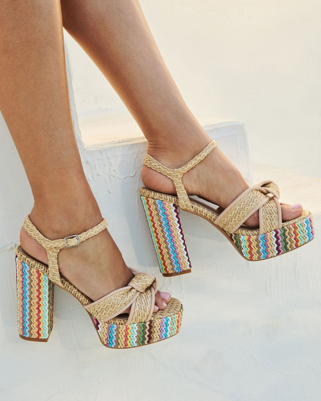 Vacay Vibes Multi Color Embroidered Platform Raffia Heels - Image 3