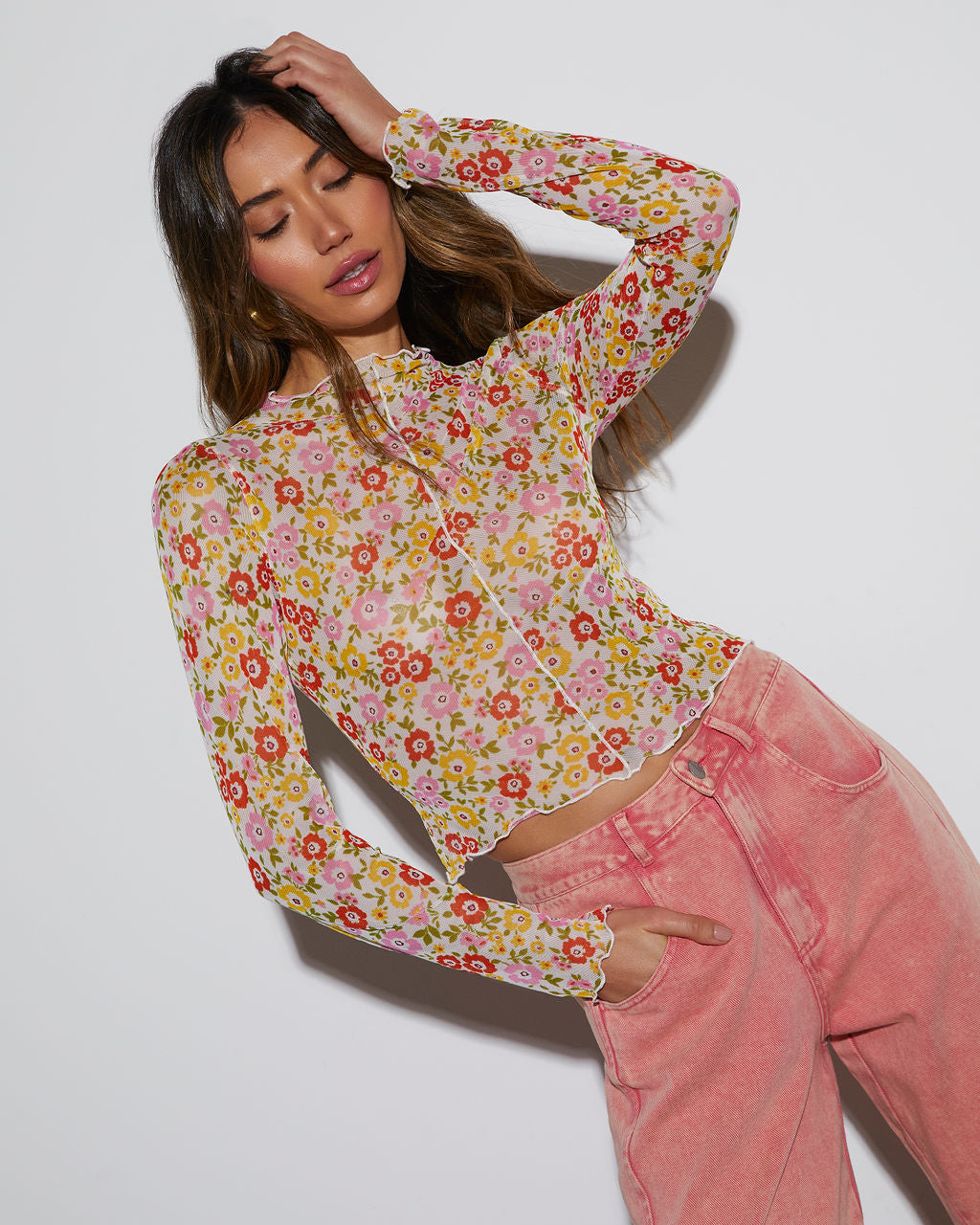 Feeling Good Sheer Floral Lettuce Hem Top - Image 21