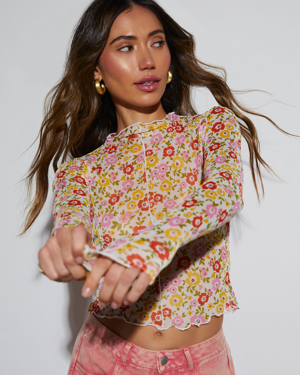 Feeling Good Sheer Floral Lettuce Hem Top - Image 24