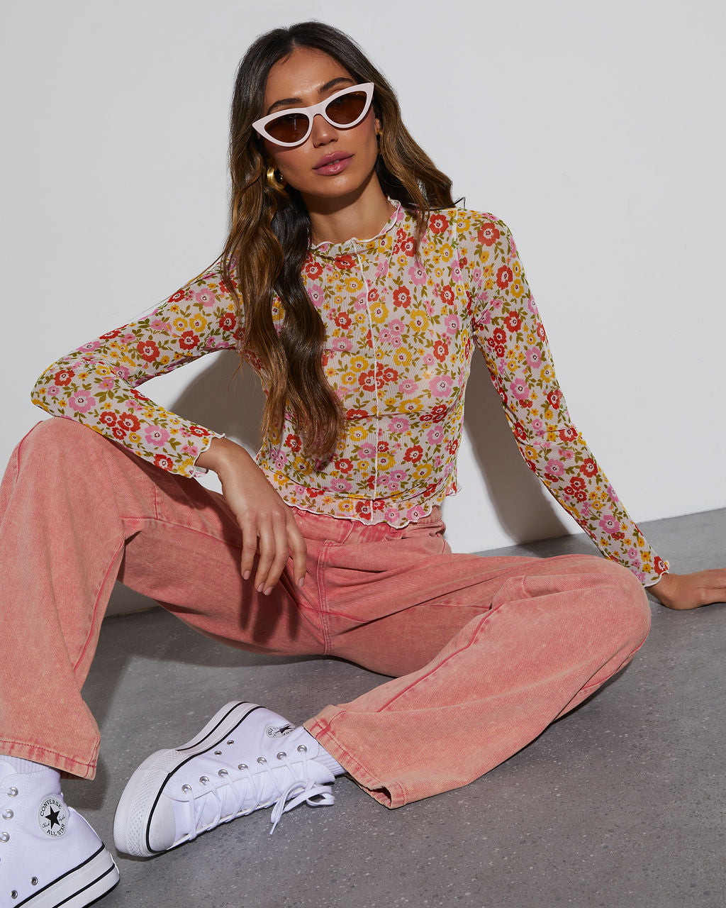 Feeling Good Sheer Floral Lettuce Hem Top - Image 19