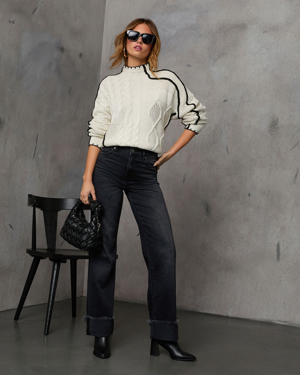 Lerleen Contrast Trim Cable Knit Sweater - Image 2