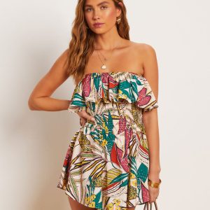 Sherry Tropical Strapless Smocked Romper