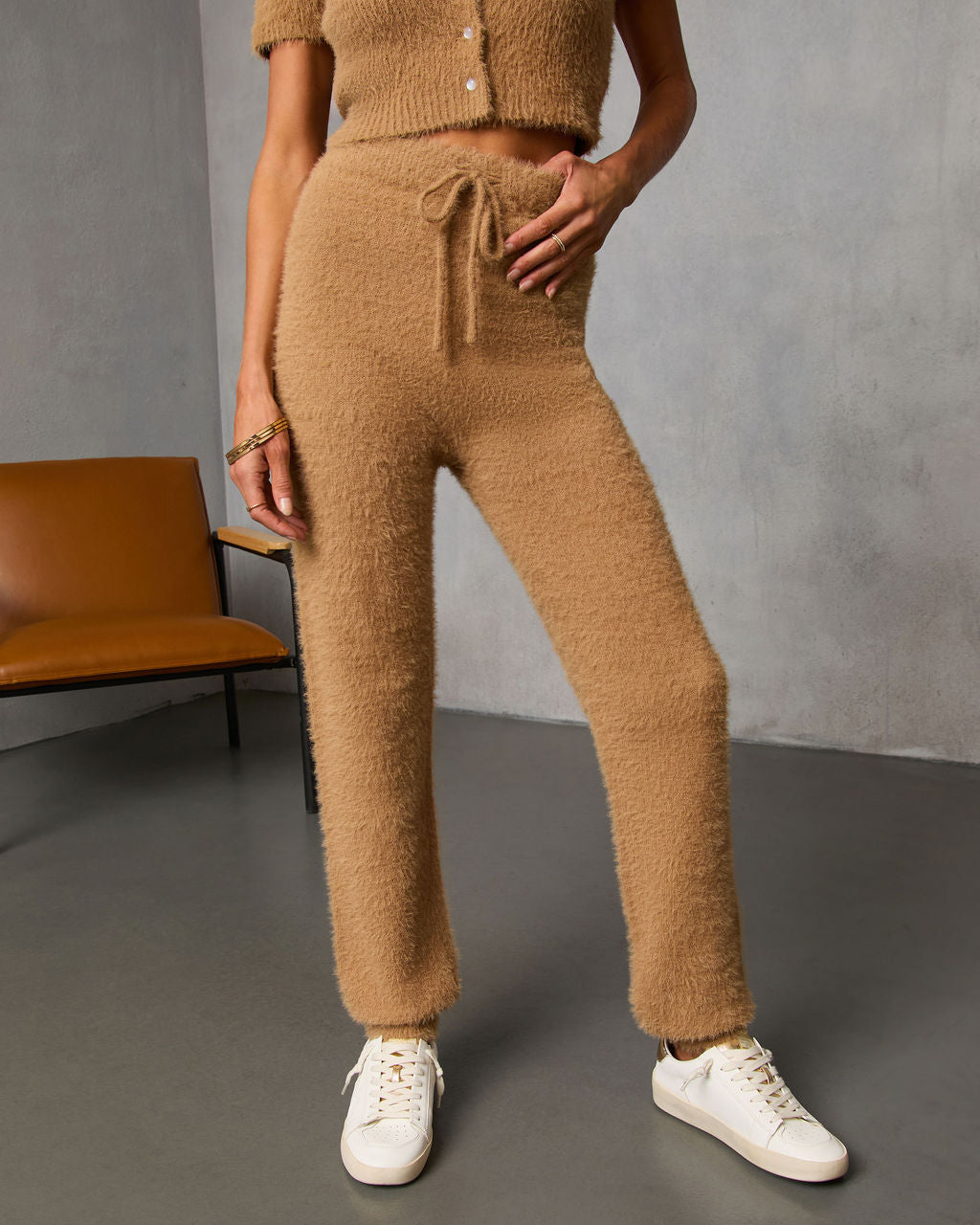 Chai Fall Fuzzy Knit High Rise Waist Tie Pants - Image 2