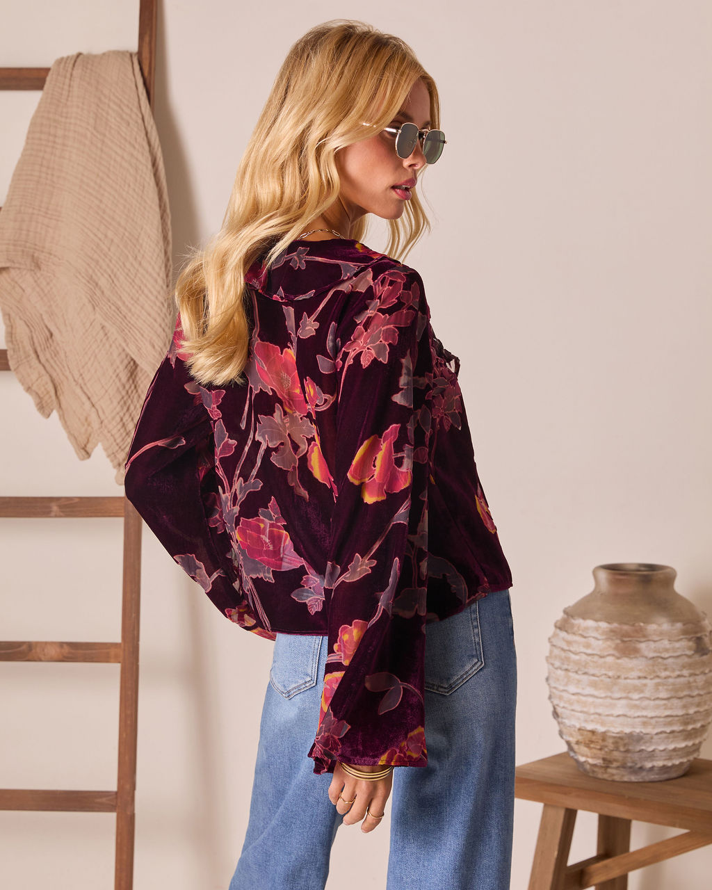 Neutral Harvest Printed Velvet Front Tie Top - Image 4