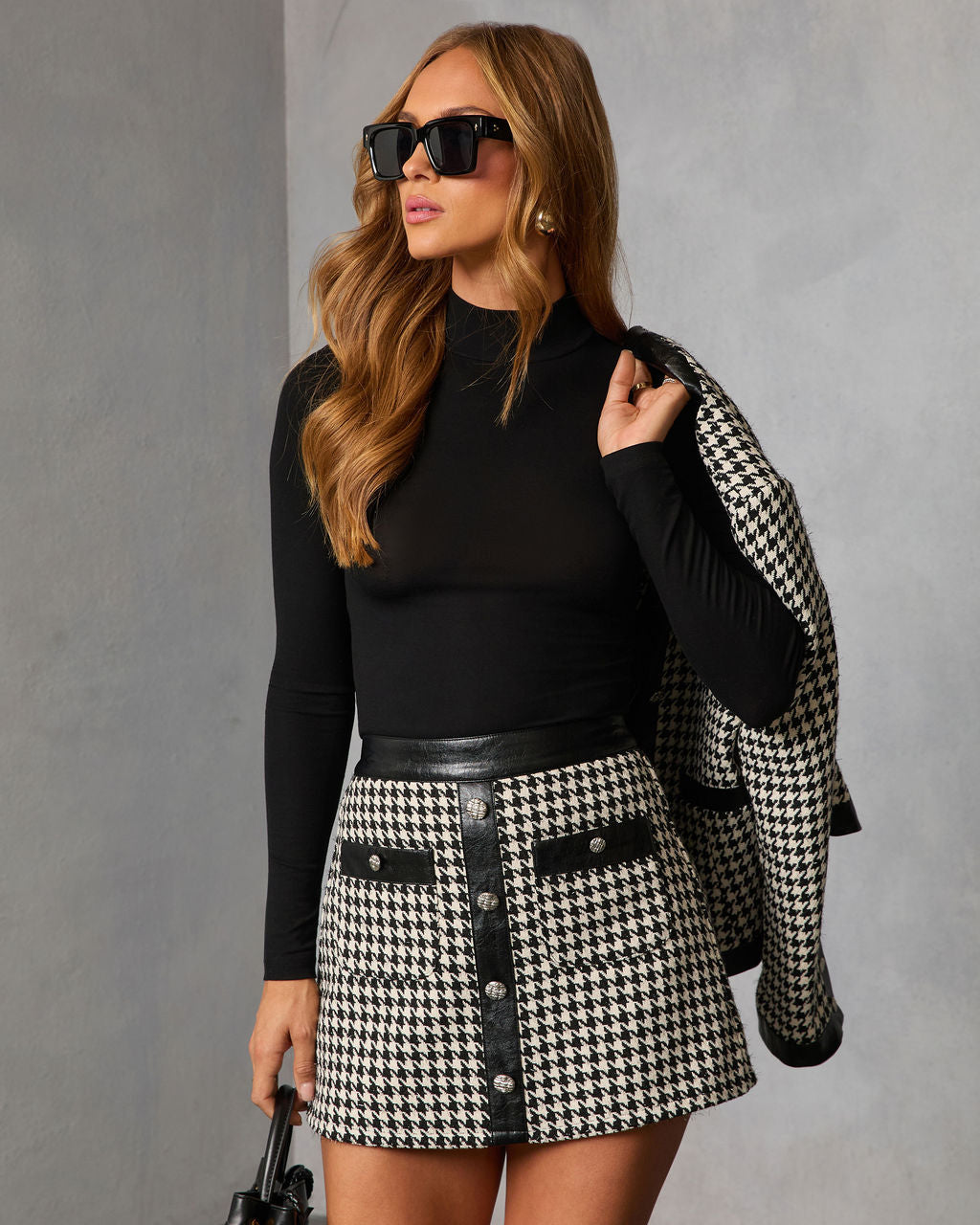 Holiday Elm Contrast Vegan Leather Trim Houndstooth Mini Skort
