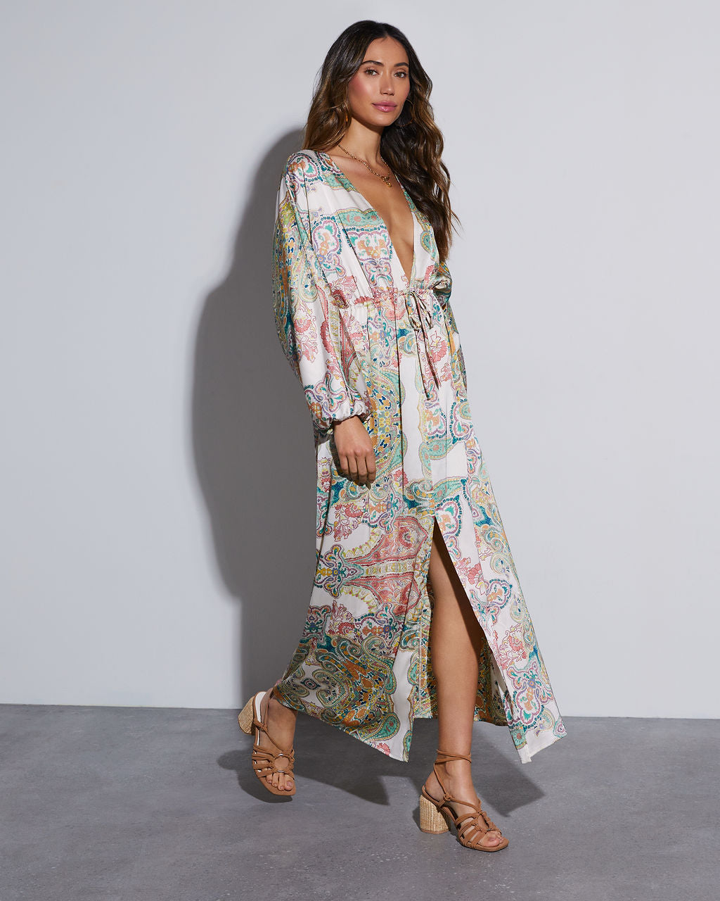 Korina Satin Printed Kimono Empire Waist Maxi Dress - Image 8