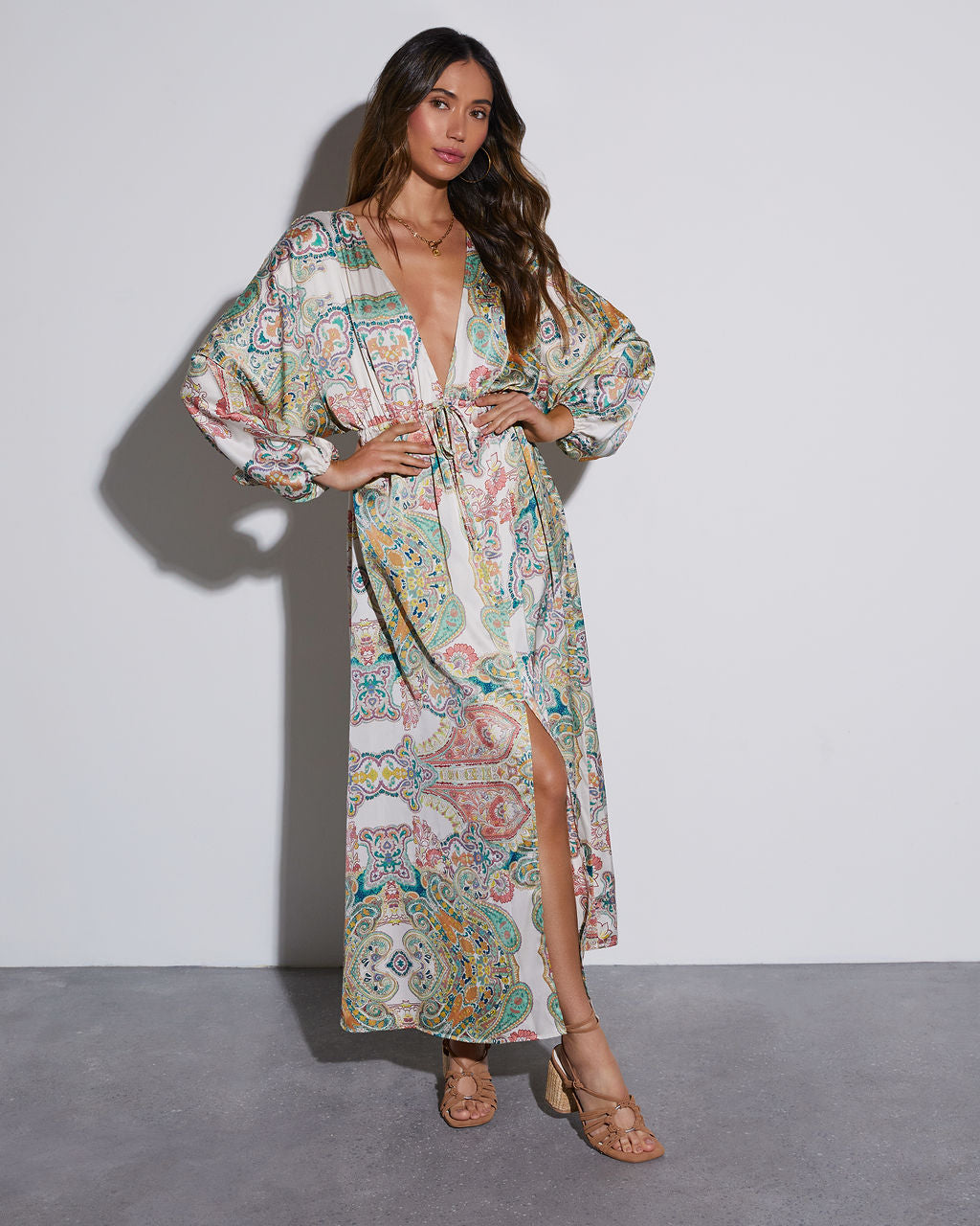 Korina Satin Printed Kimono Empire Waist Maxi Dress - Image 9