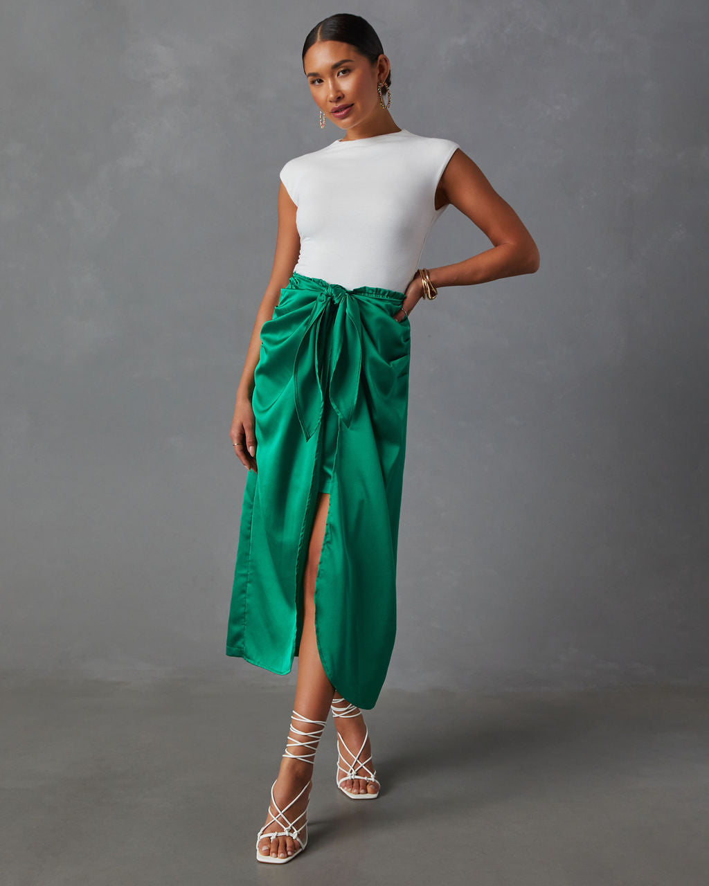 Imogen Satin Printed Tie Front Midi Skirt - Image 19