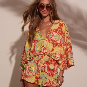 Sunset Gleam Abstract Kimono Sleeve Romper